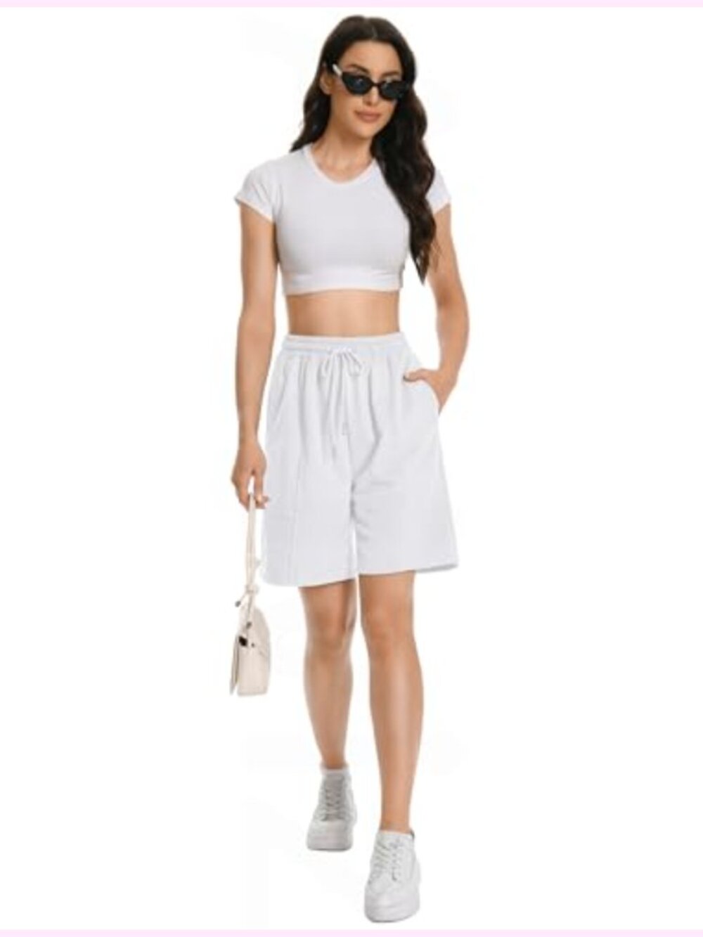 Women's Long Sweat Shorts with Pockets Cotton Blend Athletic Drawstring Bermuda - Picture 4 of 5